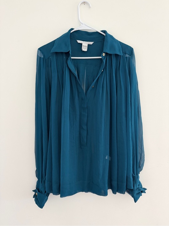 Diane Von Furstenberg Tops - DVF sheer emerald Teal Blue Long-Sleeve Pleated Blouse